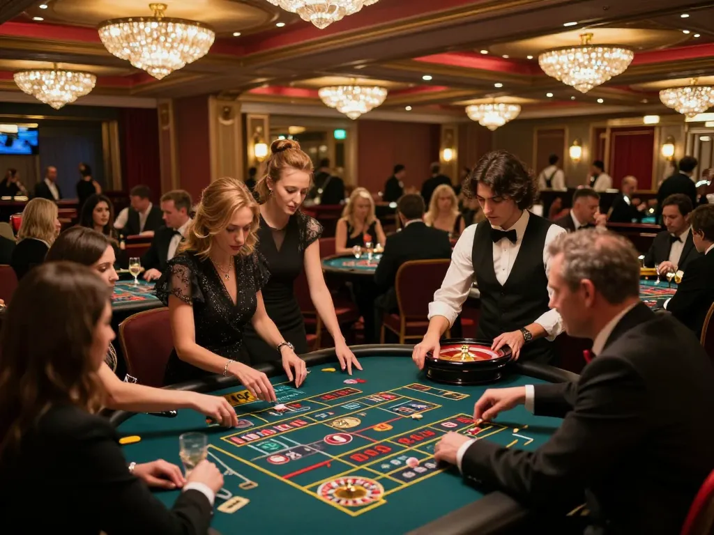 TOPBET players engaging in an exciting roulette game at a vibrant casino