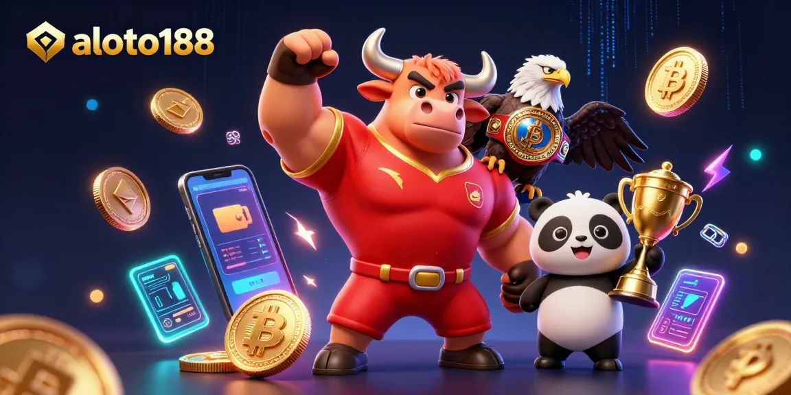 Engage with aloto188's vibrant casino experience featuring a bull mascot, eagle, and panda amidst digital elements.
