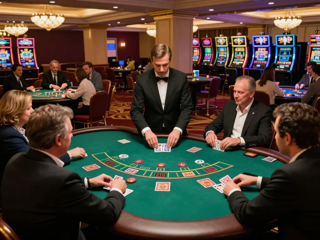 Players engage at the sam86 blackjack table, showcasing strategic gameplay with professional dealer.