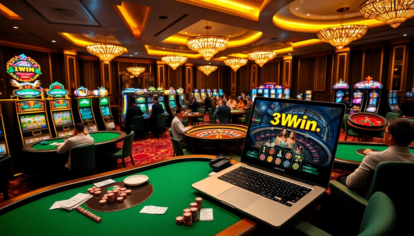 Excitement at the casino featuring poker tables, slot machines, and online gambling at https://3win.city/.