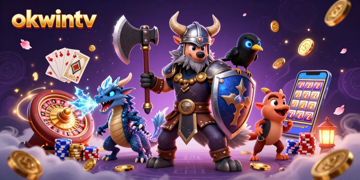 Experience thrilling gaming moments with okwintv featuring dynamic 3D Viking warrior, dragon, and casino elements.