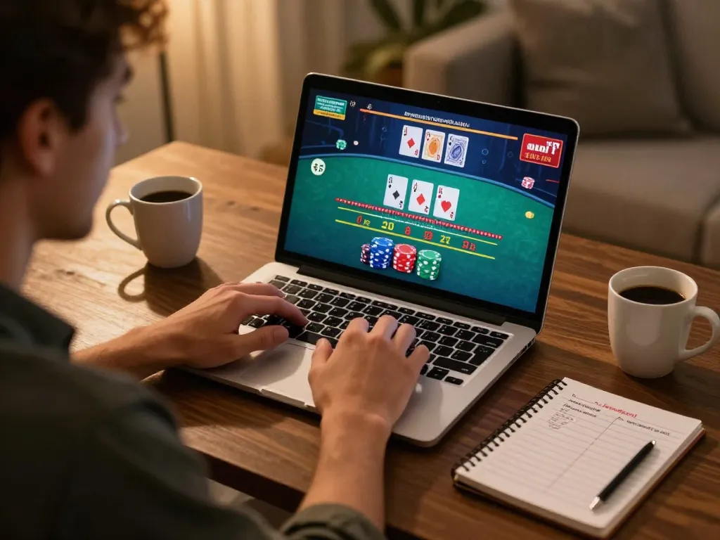 Engaged player enjoying online blackjack at home using FIVE88 for strategic gaming.