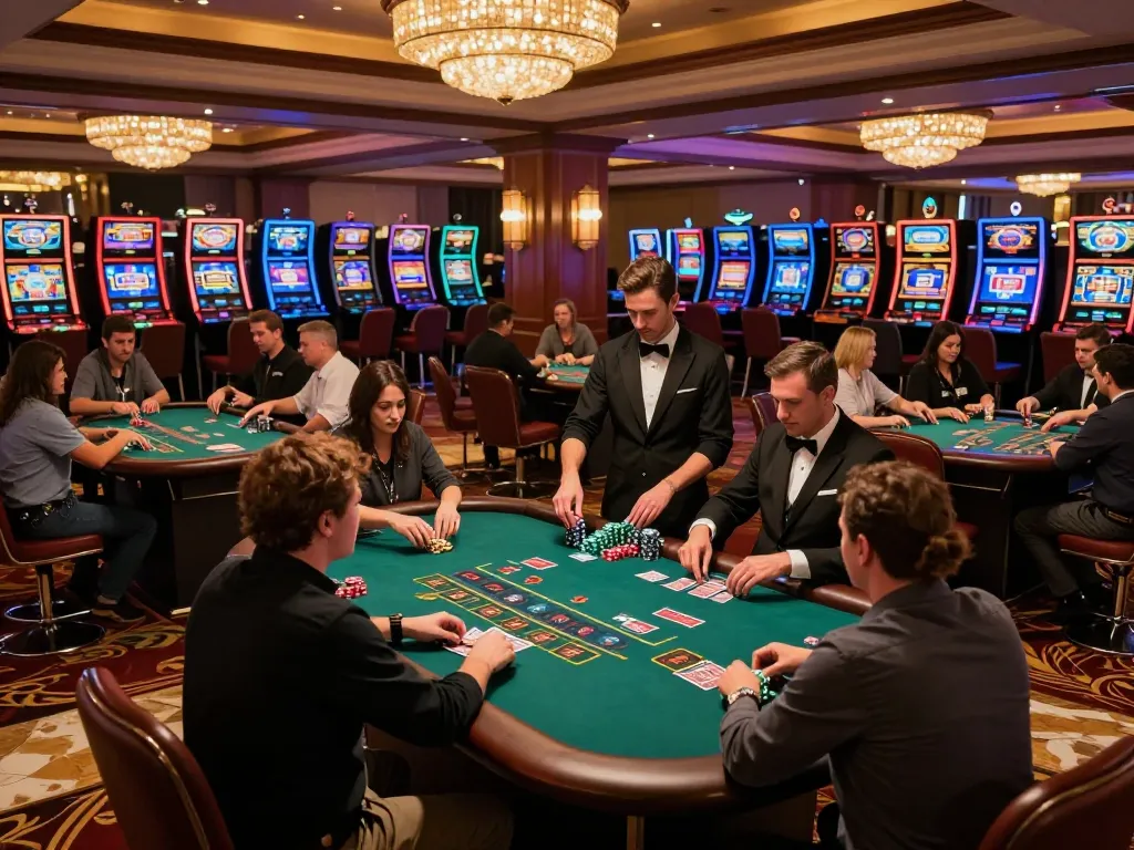 Active F168 blackjack gameplay with players placing bets and dealers managing cards in an upscale casino.