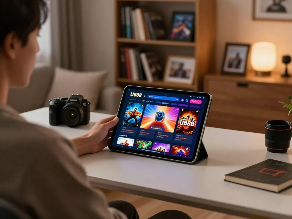 Play on the U888 casino app from a cozy home office setup, showcasing responsible gaming.