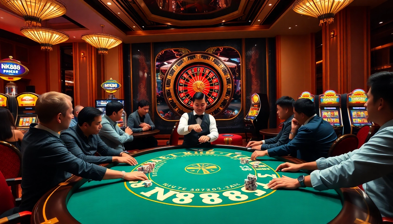 Players engaging in a thrilling poker game at a luxurious NK88 casino table.