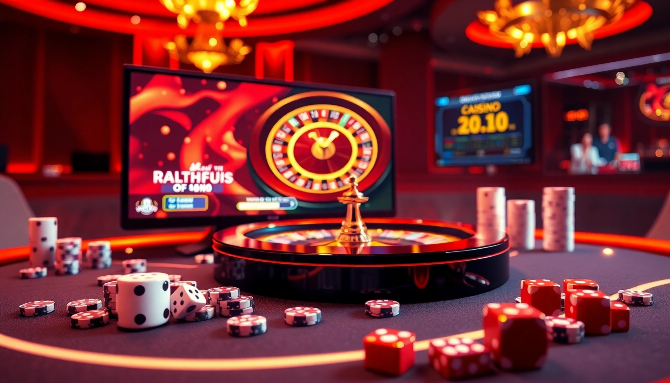 Engaging in Roblox gambling with a modern online casino setup featuring roulette, poker chips, and virtual players.