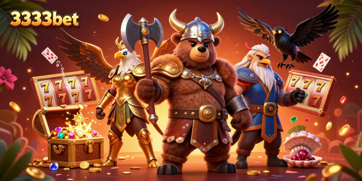 Engage with thrilling 3333bet gaming action featuring Viking characters amidst vibrant slot elements and treasure.