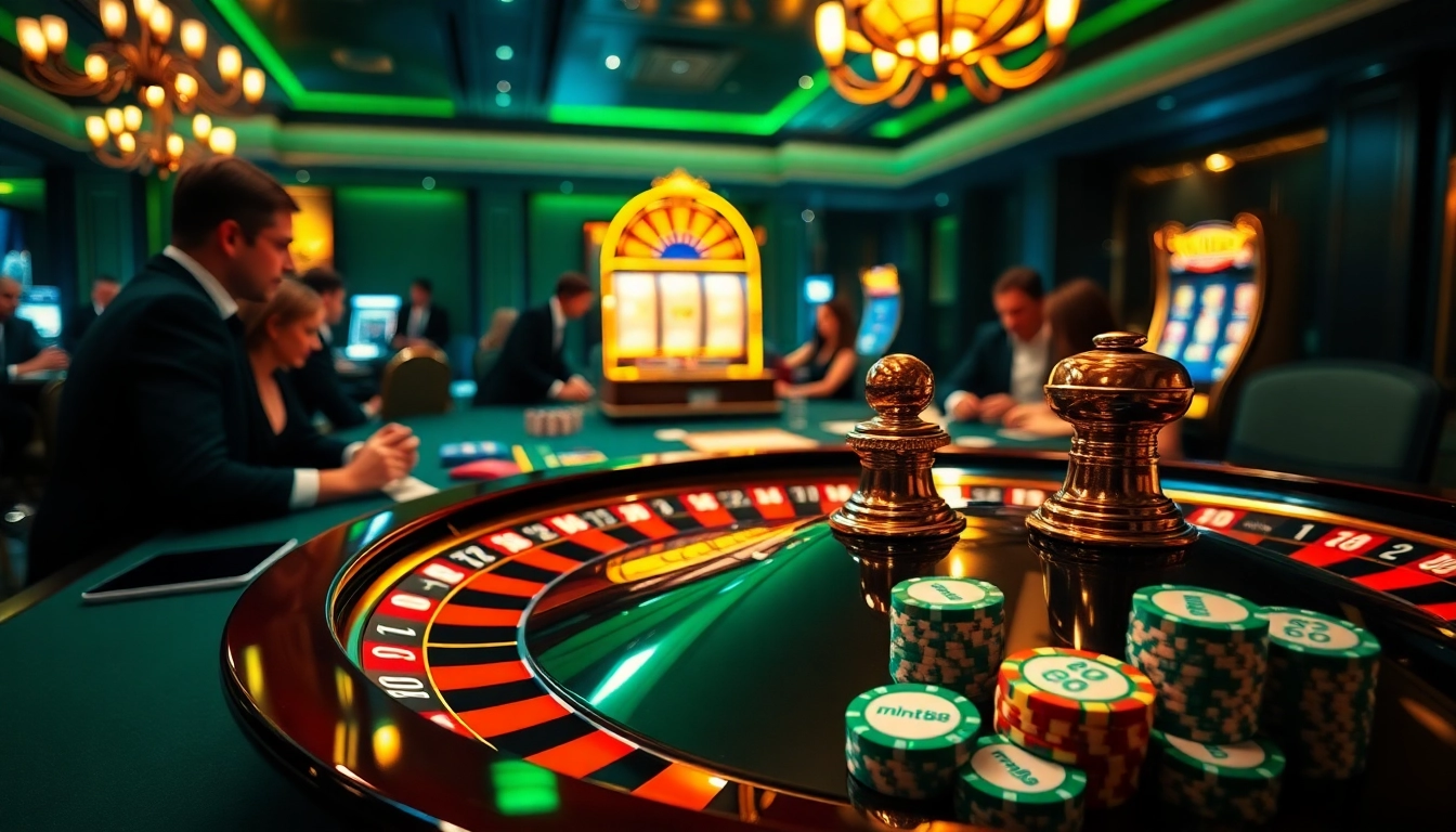 Engage in the thrilling game of poker at mint88's luxurious casino tables, surrounded by players.