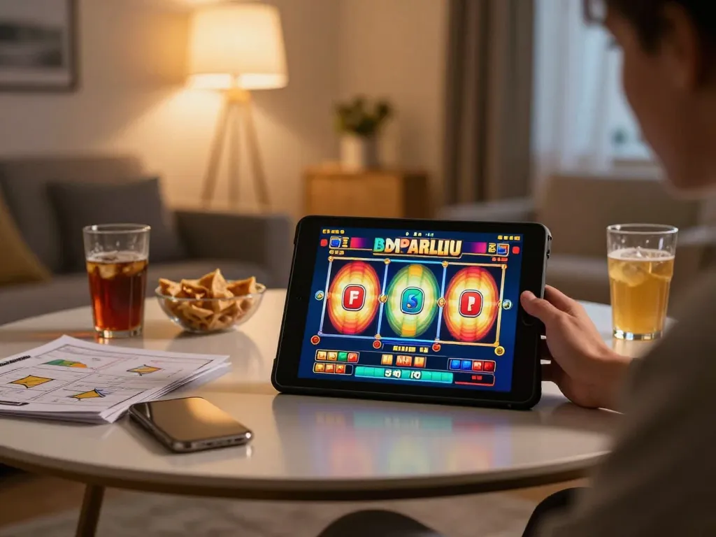 Engaging in a HIT CLUB online gaming session with vibrant slot machine interface on tablet.