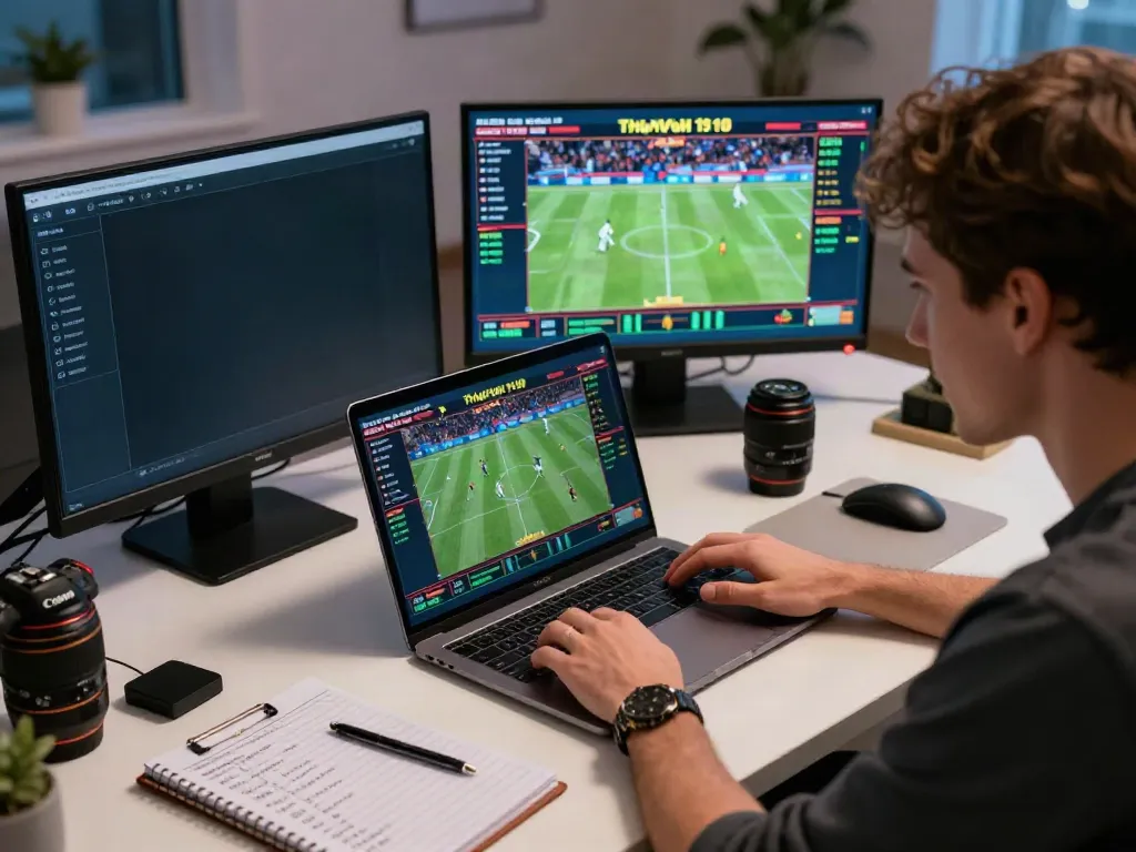 Excited player engaging in live sports betting with Link zbet on laptop in vibrant home office setting.