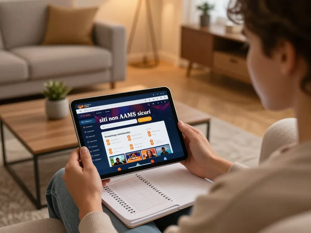 Un giocatore esplora siti non AAMS sicuri su un tablet in un accogliente setup di gioco domestico.