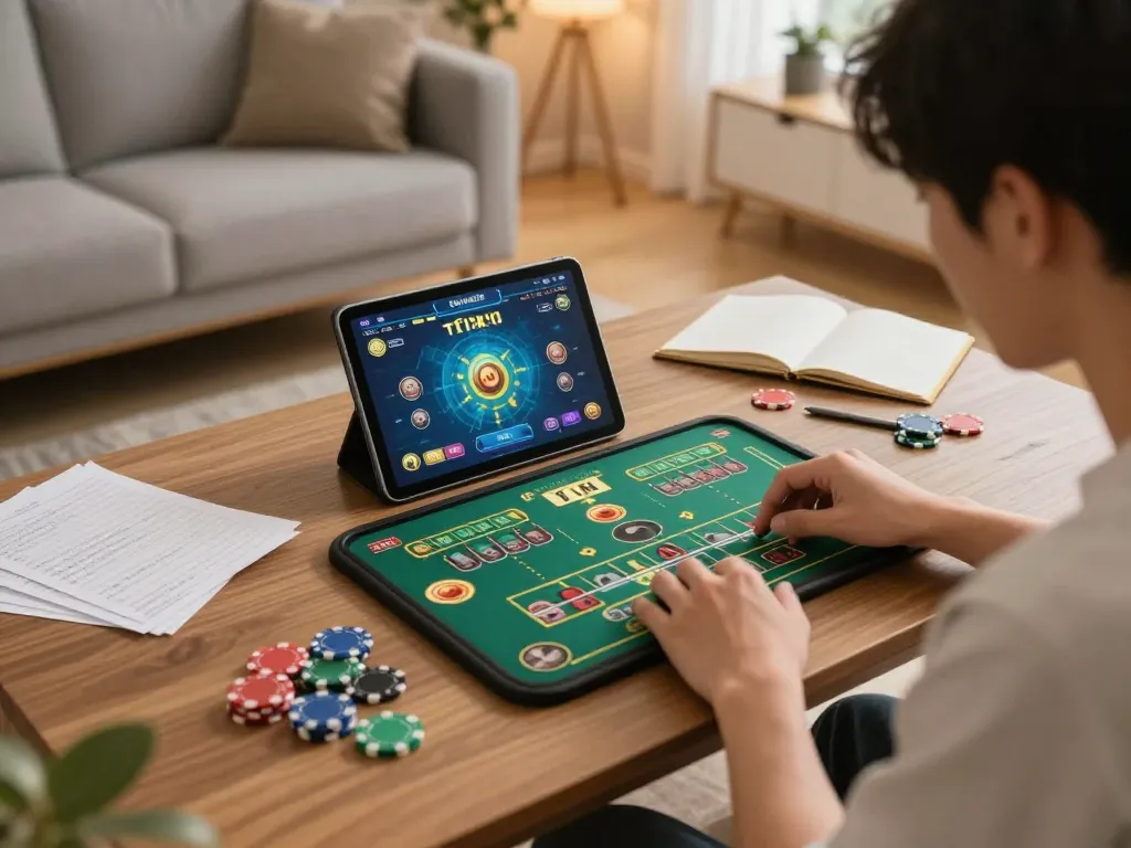 Player interacting with Tài Xỉu game on tablet, surrounded by strategy notes in cozy home setting.