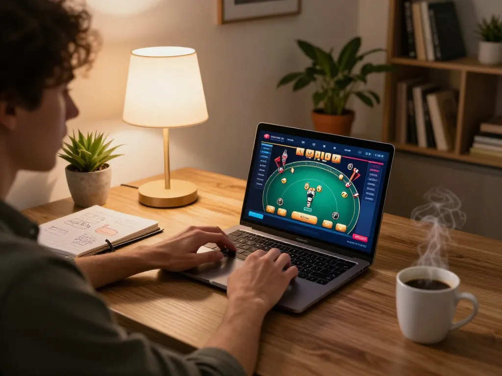 Engaging in strategic poker gameplay at home with manclub, showcasing online casino experience.