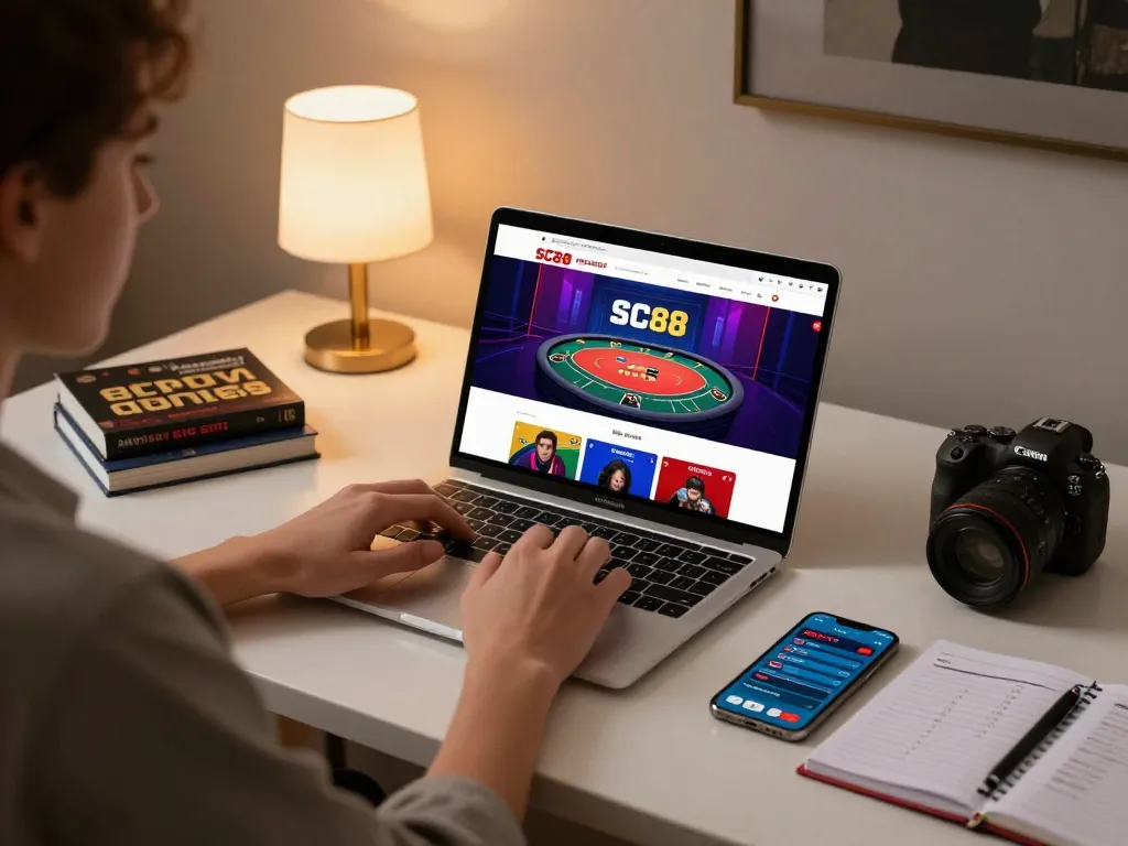 Person engaging with SC88 online betting interface on a sleek laptop in a modern setup.