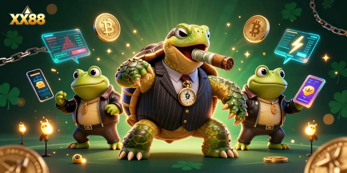 Play exciting games at XX88 with a dynamic casino scene featuring a mobster turtle and bullfrog enforcers.