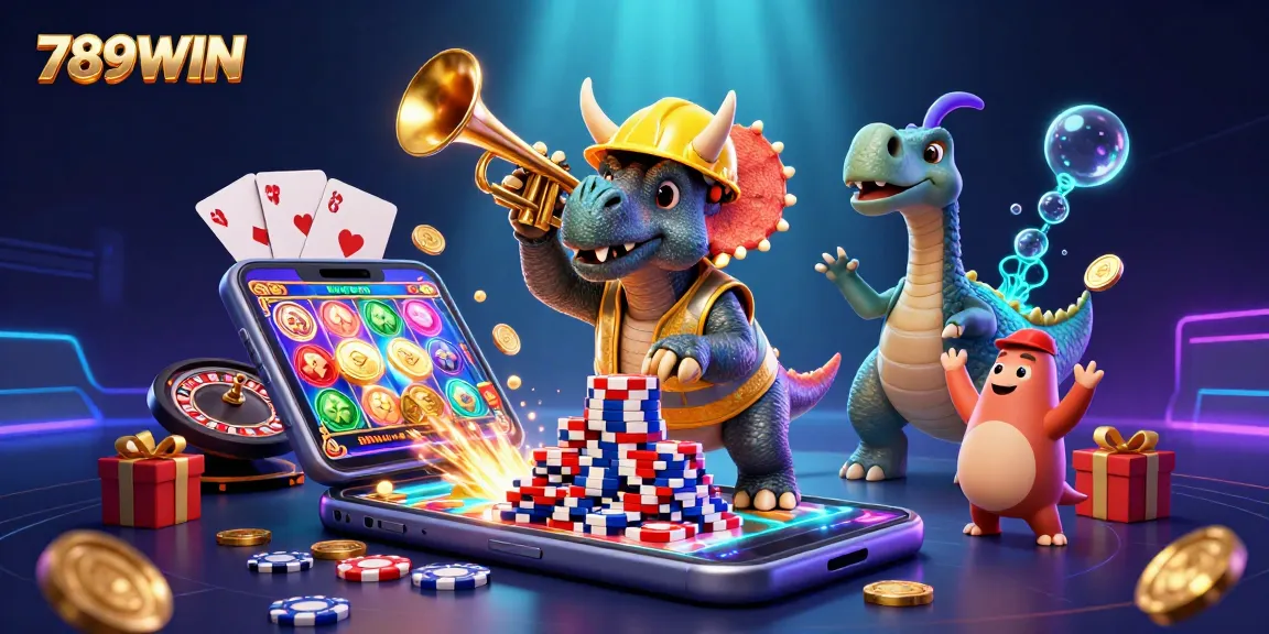 Experience the excitement of 789WIN with colorful games and dynamic casino action in this festive illustration.