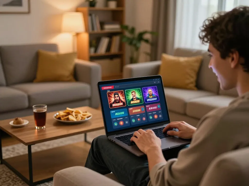 Engaging gaming moment where user enjoys FC88 online casino on laptop, cozy atmosphere with snacks