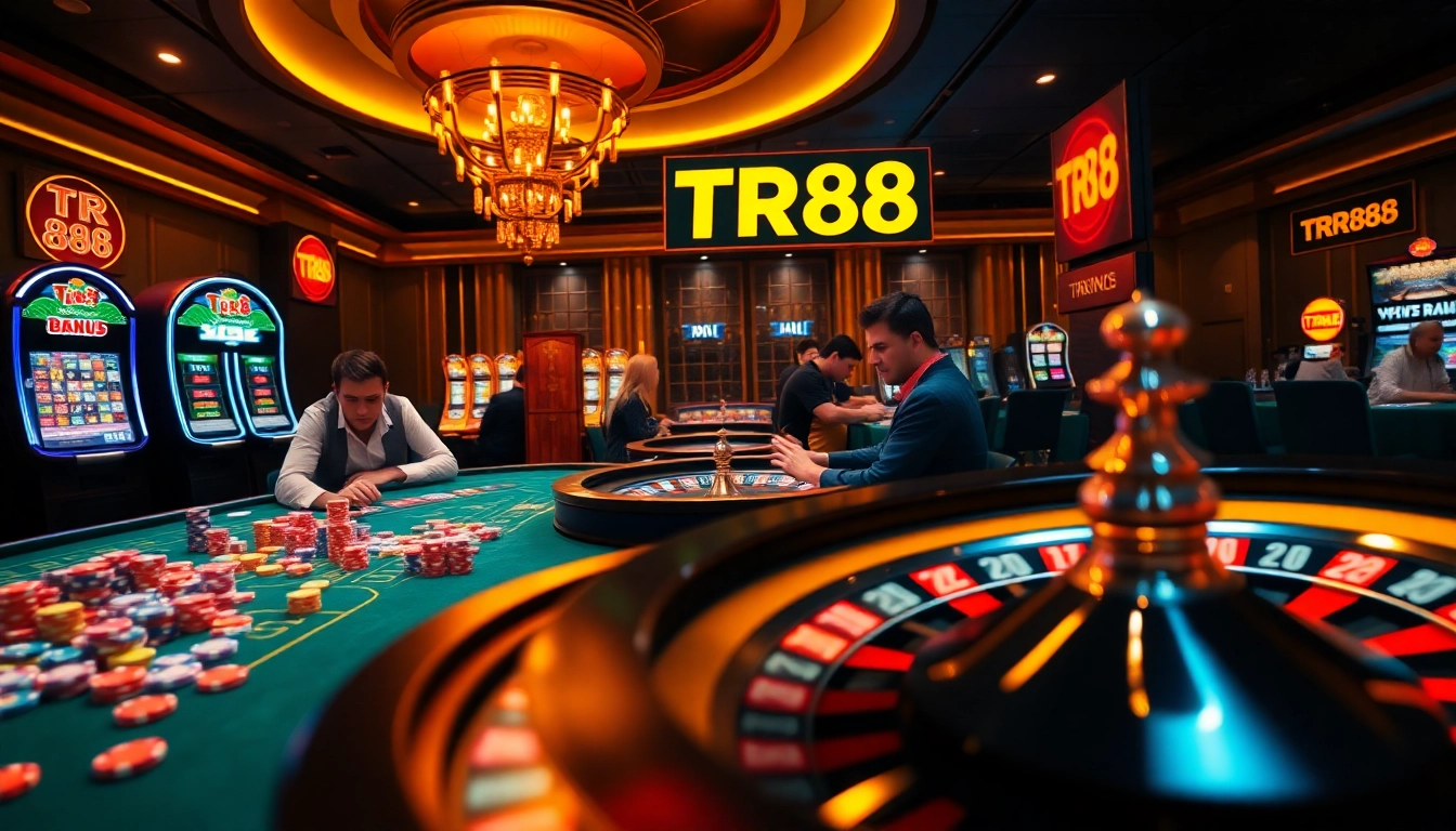 Casino scene with enthusiastic players gambling at TR88 tables and bright slot machines.