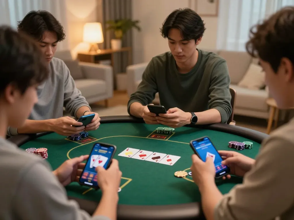 Players strategizing on vipwin777 while engaging in an online poker game from a cozy home setting.