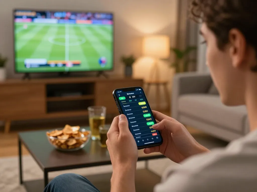 Engaging in sports betting excitement with MMOO on smartphone during live game.