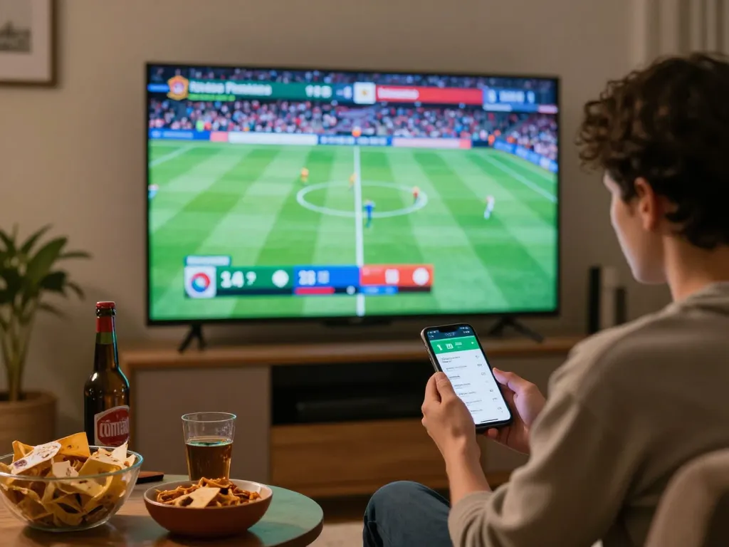 Socolive user placing football bets while enjoying a live match in a cozy home setting