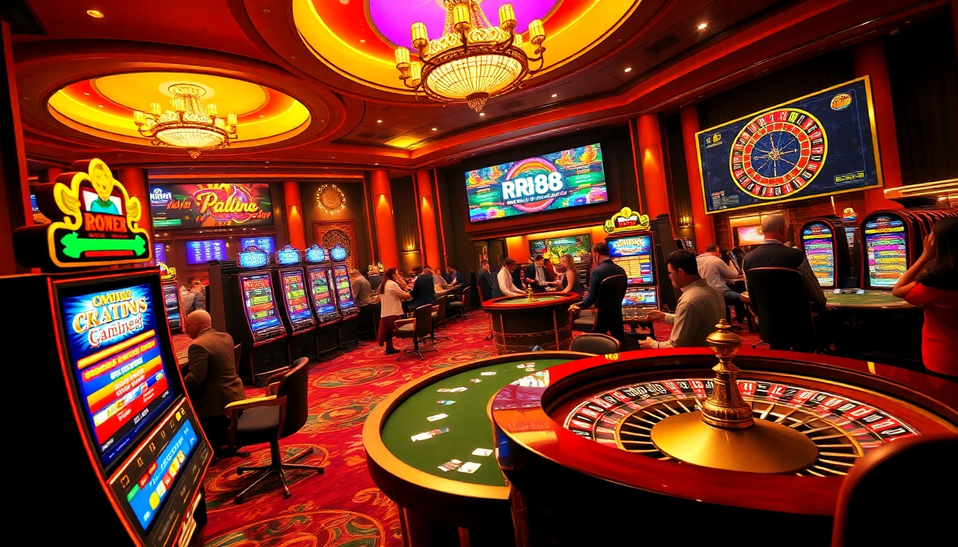 Engage with rr88 com excitement at a luxurious online casino scene with poker and slot machines.