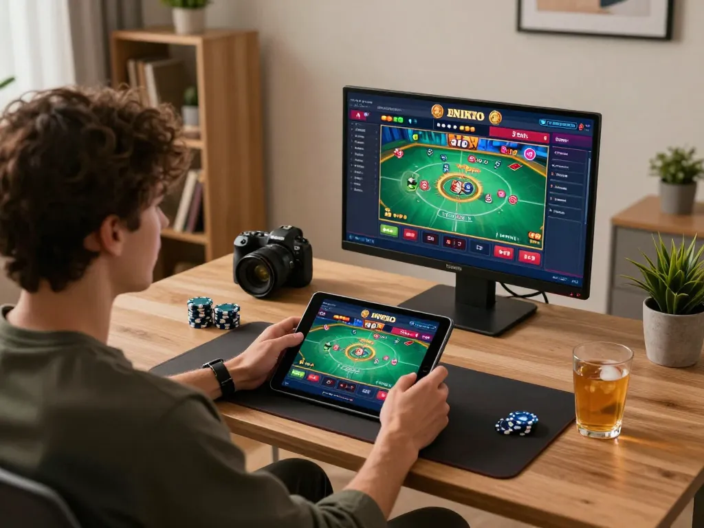 Engaging in an online casino game on a tablet while managing poker chips, showcasing 678 gaming culture