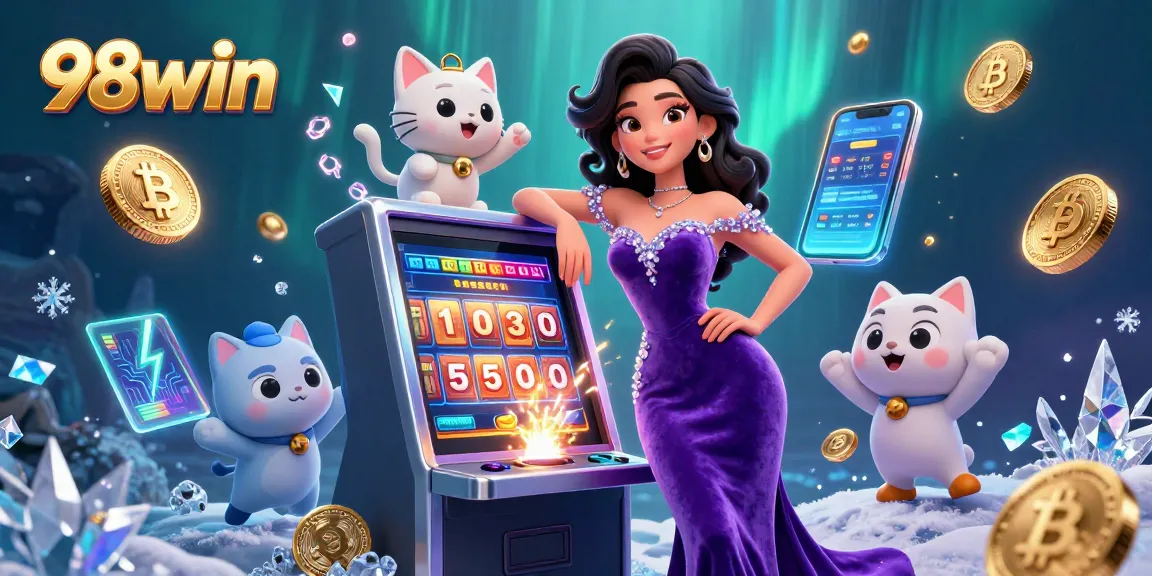 Win big at 98win with dynamic slot machines and lucky cat mascot in a vibrant casino scene.