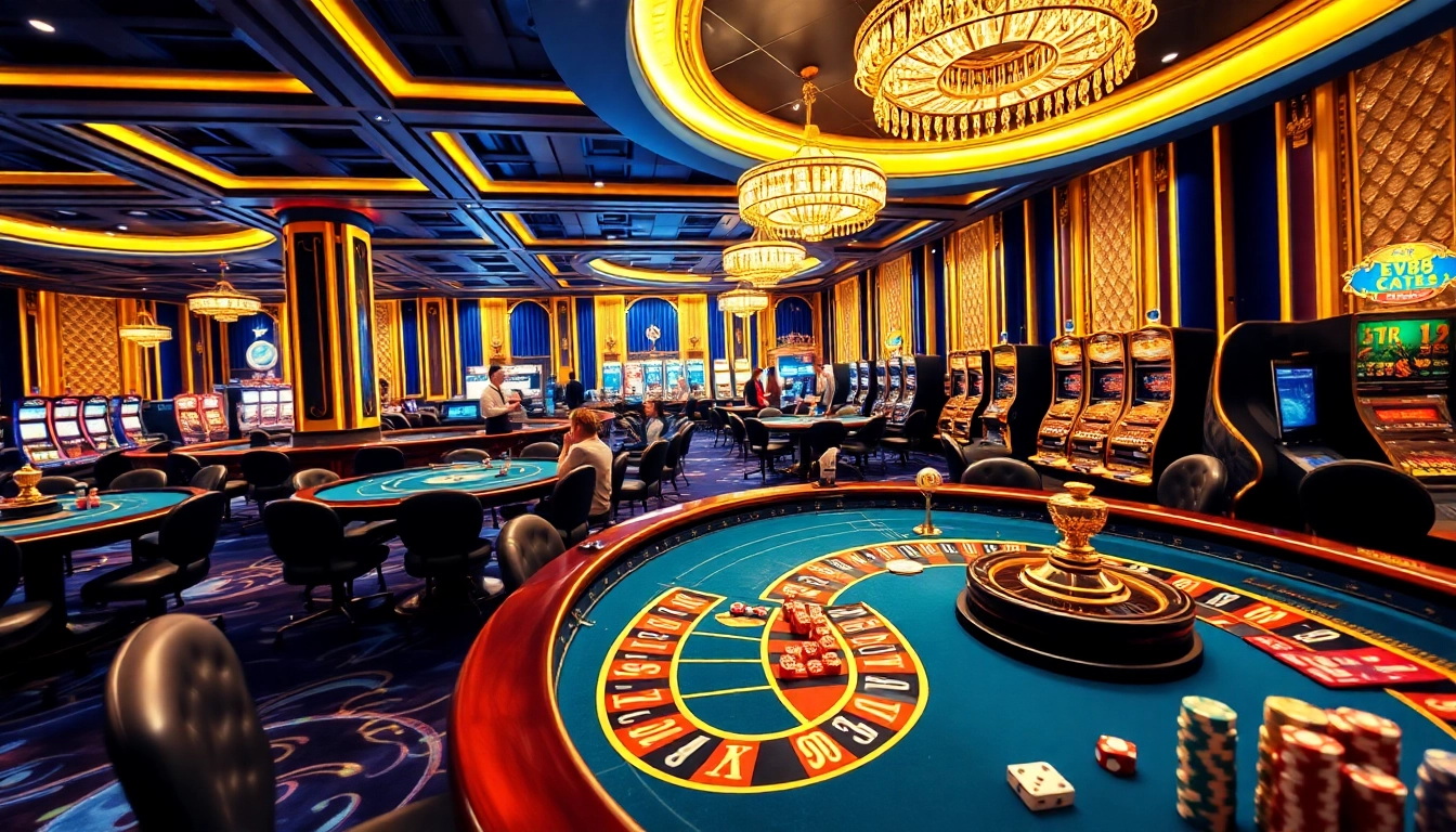 Experience the thrill at EV88 gaming tables with poker chips and a dazzling roulette wheel.