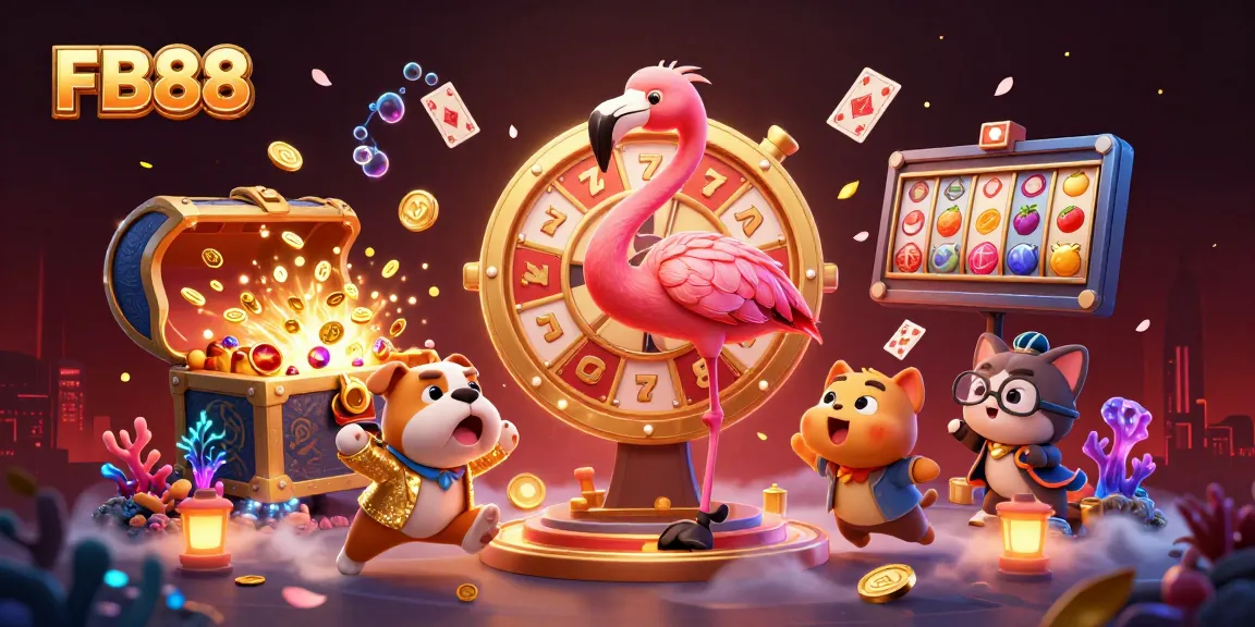 Experience FB88 with a dynamic 3D illustration of a flamingo host and exciting casino game elements.