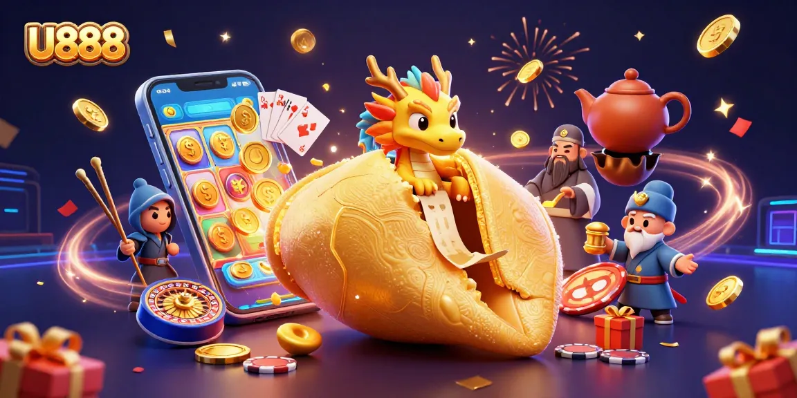 Spin vibrant slot games at U888 with a luxurious golden fortune cookie theme.