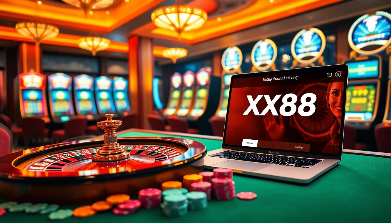 Exciting casino table setup on https://xx88.free/ showcasing vibrant chips and gaming atmosphere.