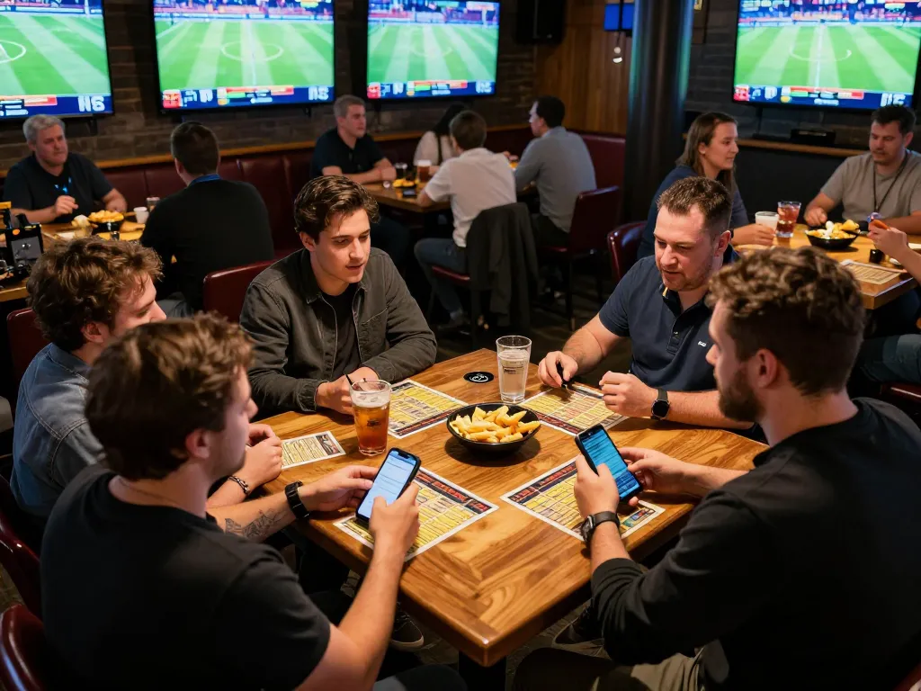 Siti non AAMS sicuri mentre si effettuano scommesse sportive in un'atmosfera vivace da bar, mostrando eccitazione e cameratismo tra i scommettitori.