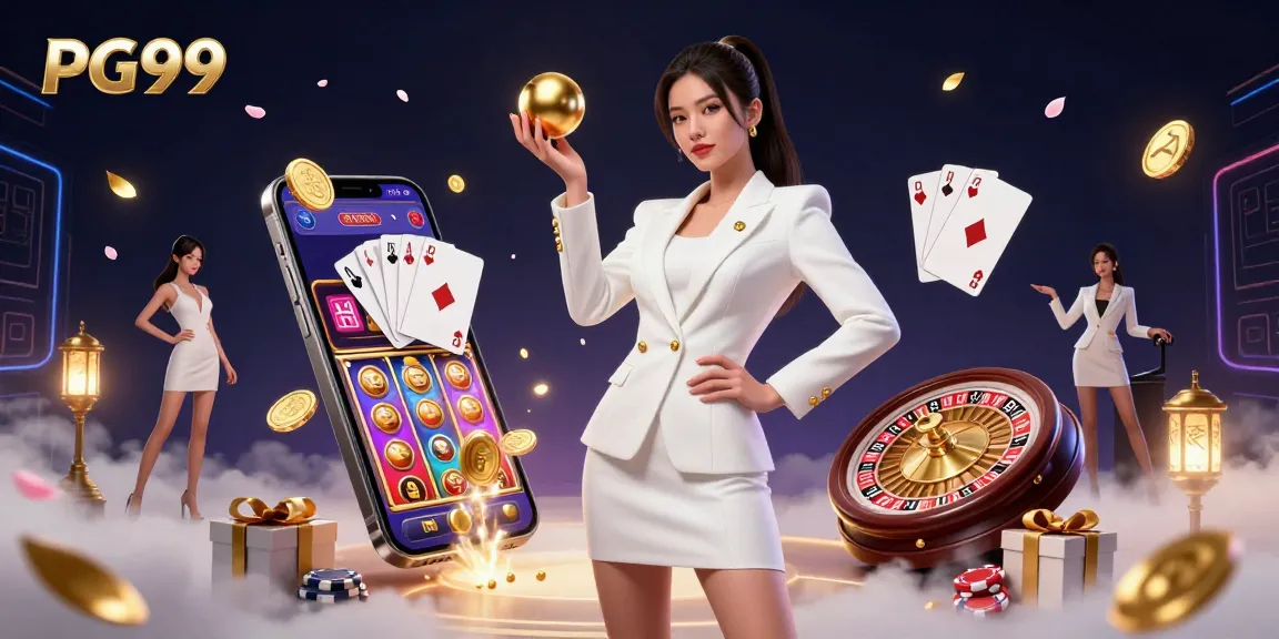 Experience the exciting gaming world at PG99 with vibrant slot games and luxurious casino elements.