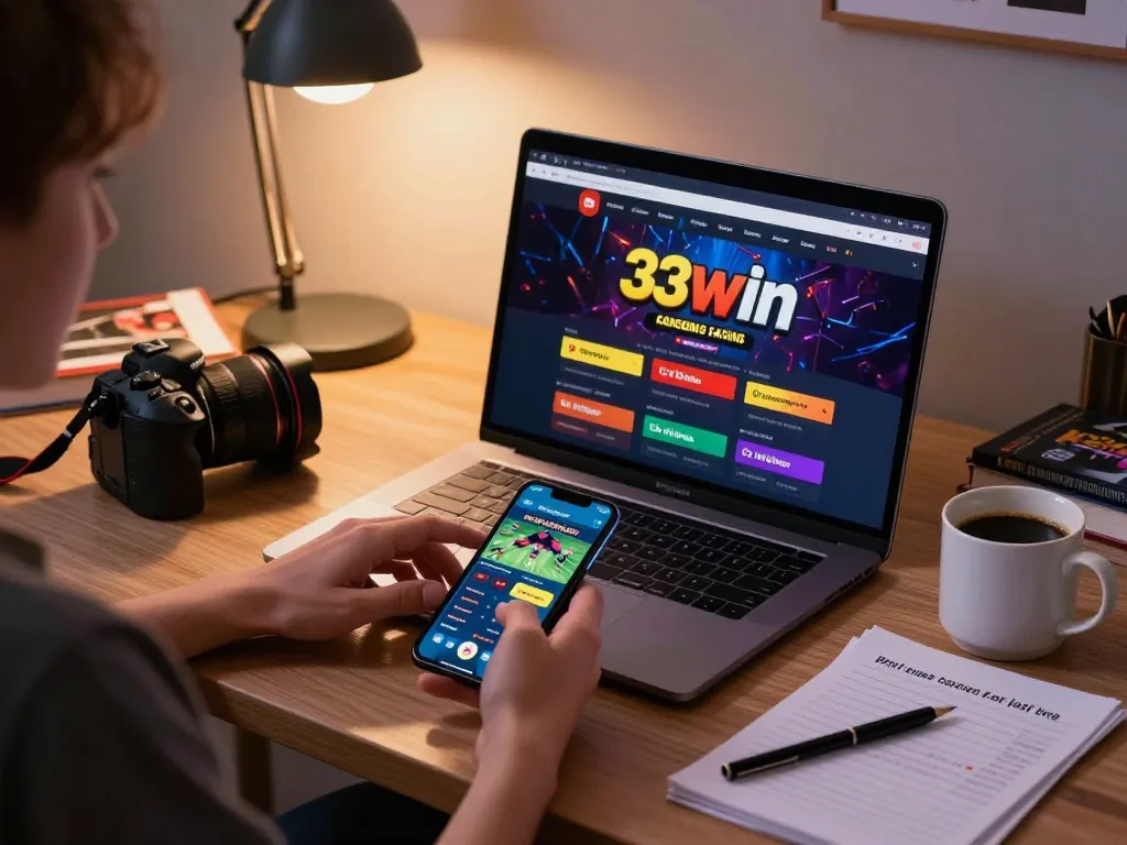 Engaging user enjoying the 33win online casino experience with smartphone and laptop strategies.