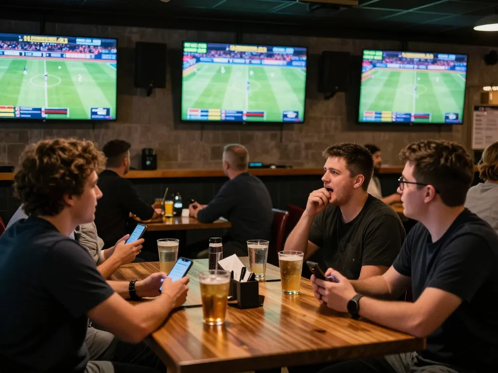 SV66 players engaged in sports betting, placing live bets while watching games in a lively bar.