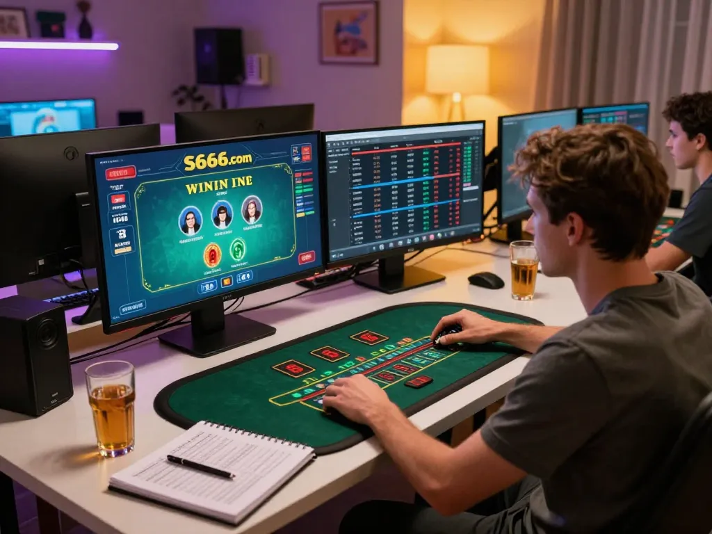 Player analyzing strategies while gaming on S666.com, showcasing a modern online gambling setup.