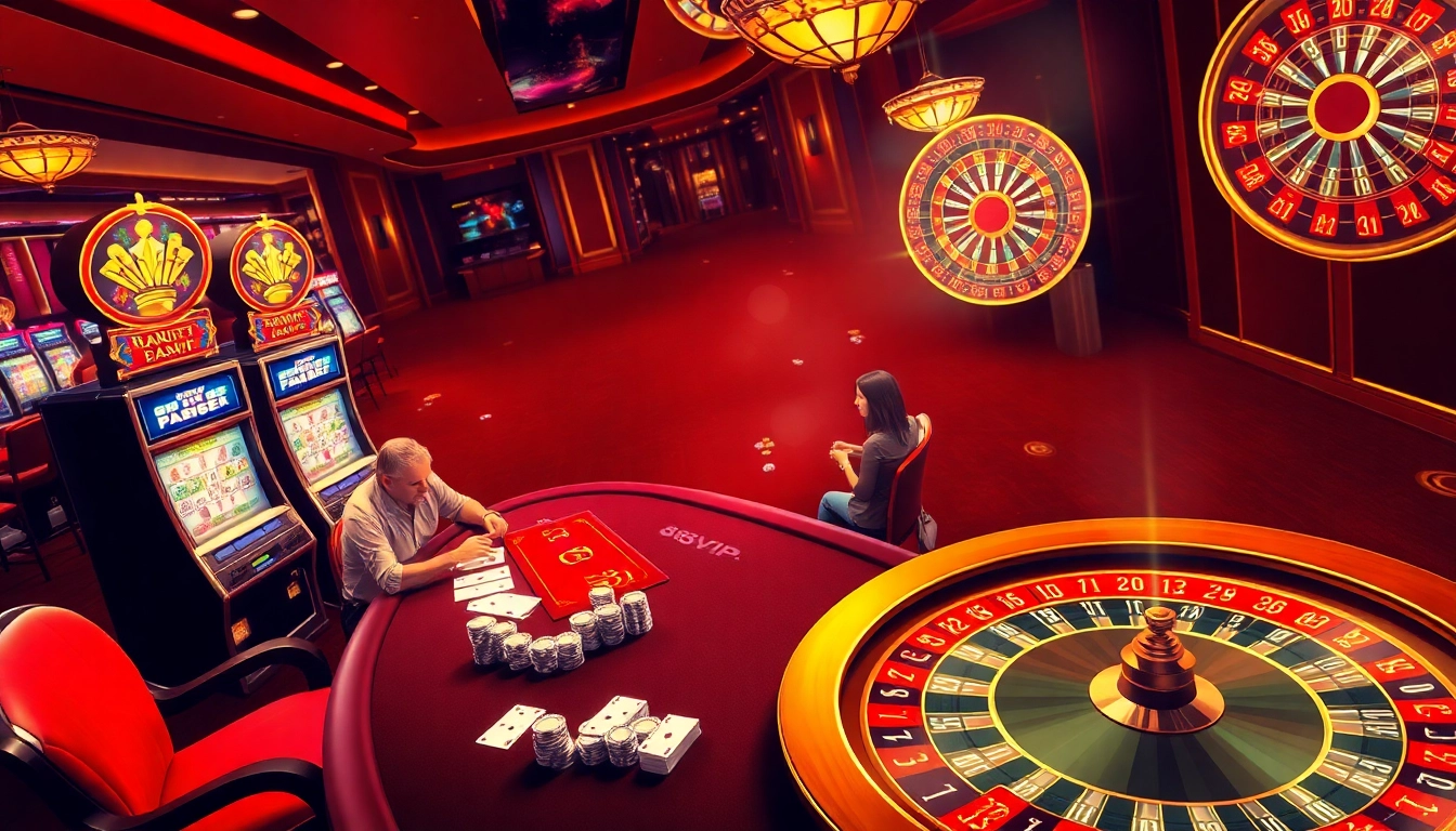 A vibrant casino scene showcasing players enjoying poker and roulette at 68VIP.
