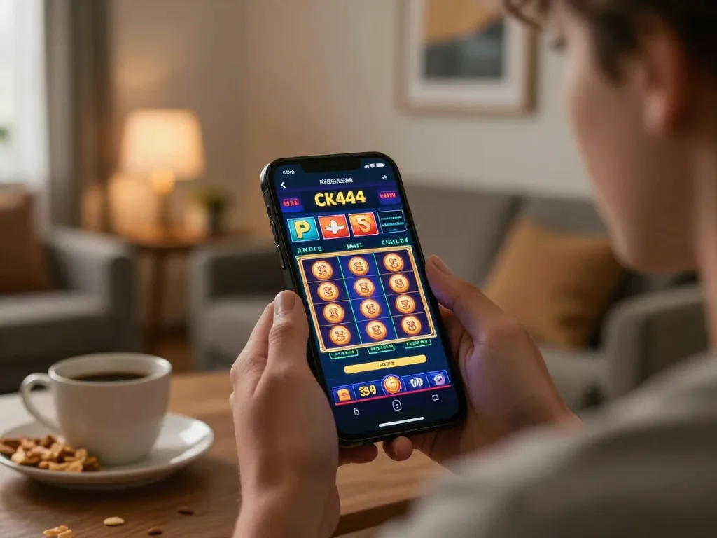 Playing CK444 on a smartphone in a cozy home environment with snacks and drinks visible