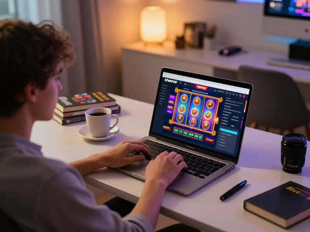 Engaging online casino gameplay on 11WIN with player focused on laptop in cozy home setting.