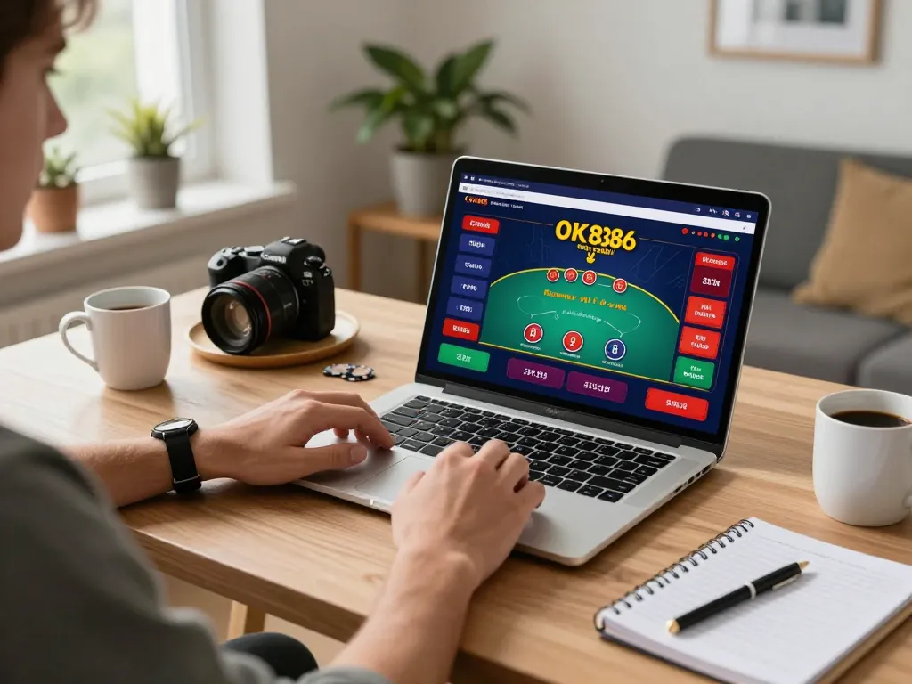Player engaged in online gaming using the OK8386 platform at home, showcasing an interactive betting experience.