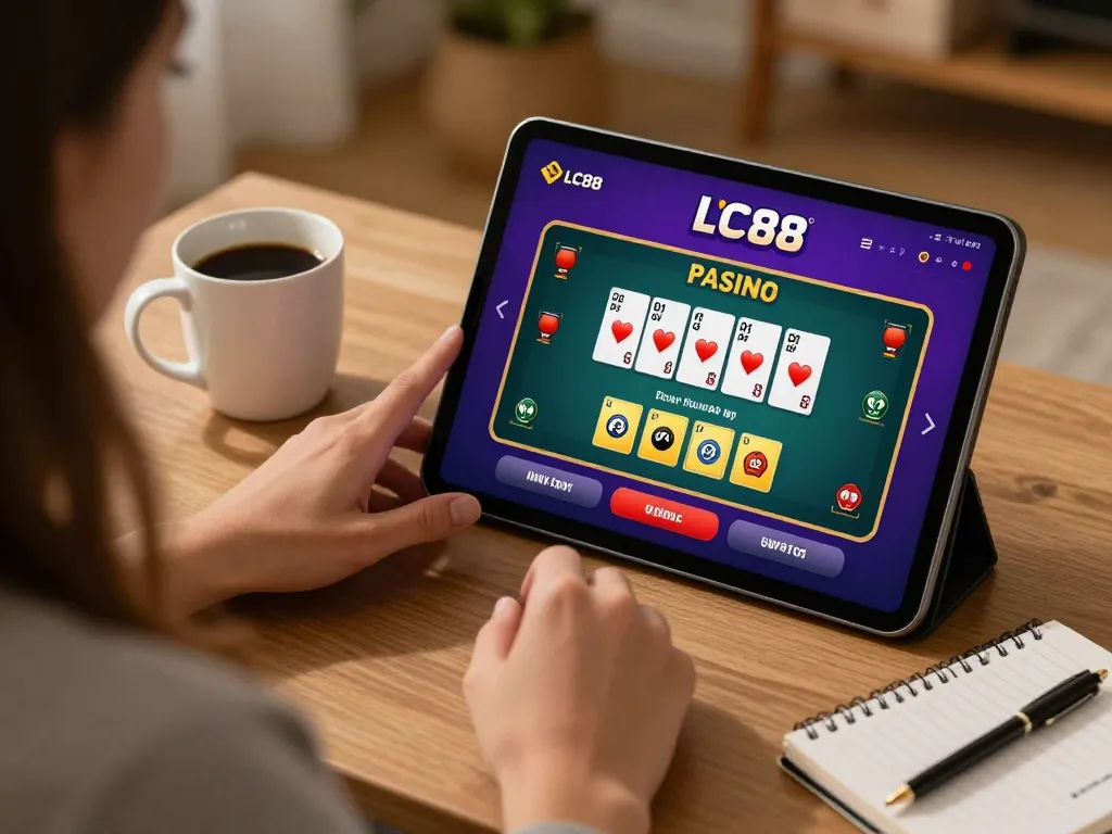 Engaging with LC88 com casino app in a cozy home setting for online gambling.