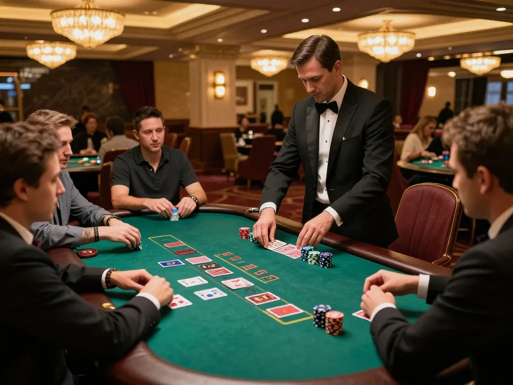 Engaging blackjack gameplay at LODE88 casino, showcasing players and dealer in a vibrant setting.