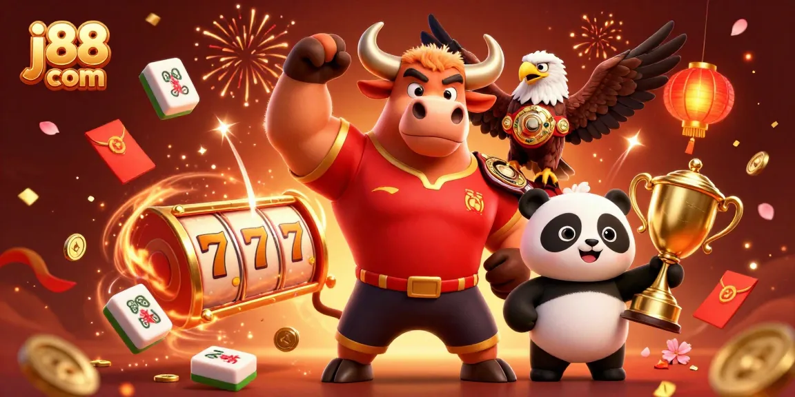 Engage with j88 com's vibrant online casino scene filled with slot reels, festive characters, and dynamic game elements.