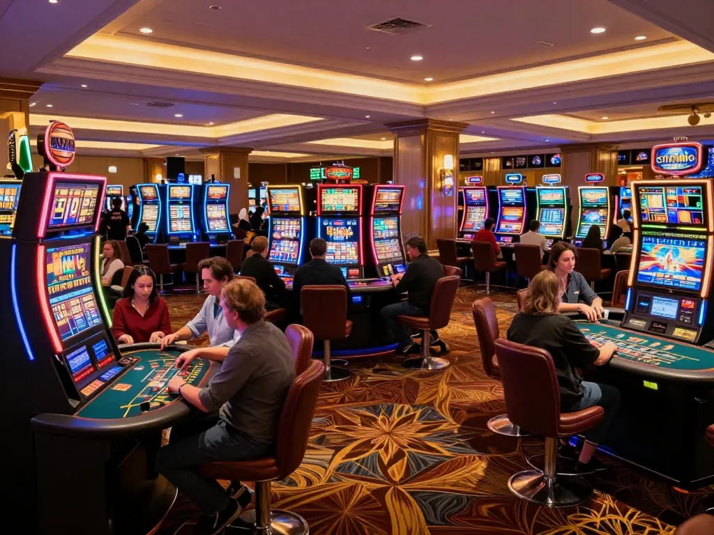 Experience the thrill of playing at okwin casino, showcasing vibrant slot machines and engaged players.