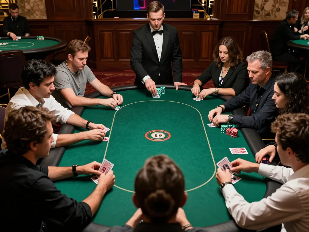 TT88 poker game in upscale casino showcasing intense strategy and player interactions