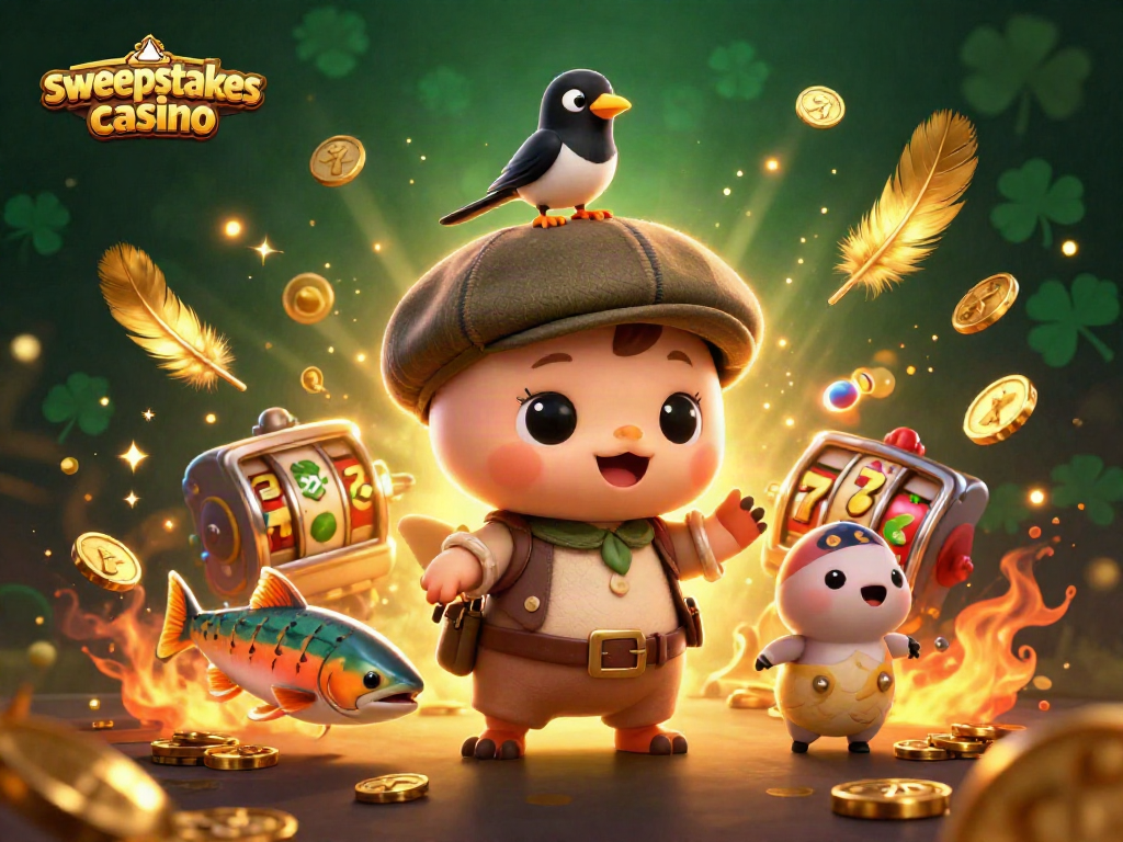 Engage with the sweepstakes casino scene featuring playful characters and slot machine excitement.