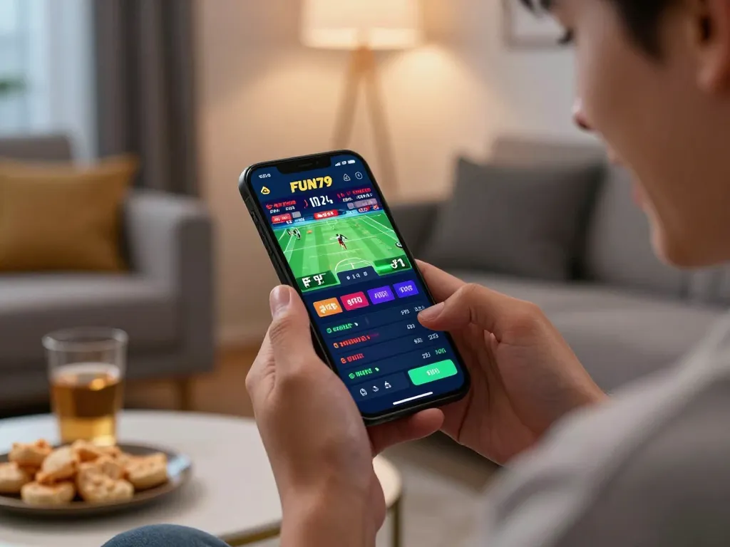 Engaging user placing bets on FUN79 app in a stylish home setting, showcasing online gaming excitement.