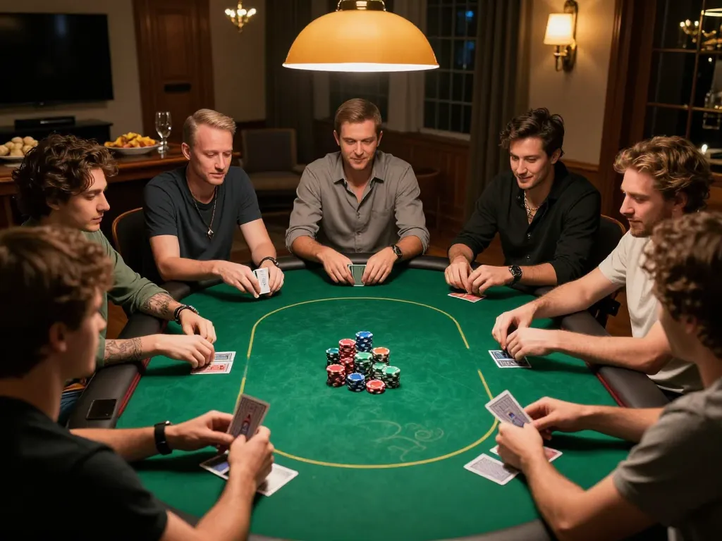 Players enjoying a high-stakes poker game at home, showcasing F168 strategic gameplay with chips and cards visible.