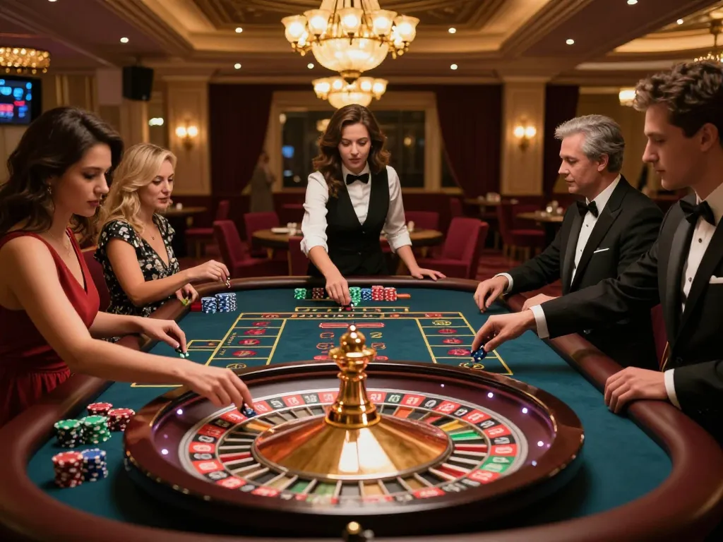 Players engaged in betting at a vibrant roulette table during an exciting 9bet casino night
